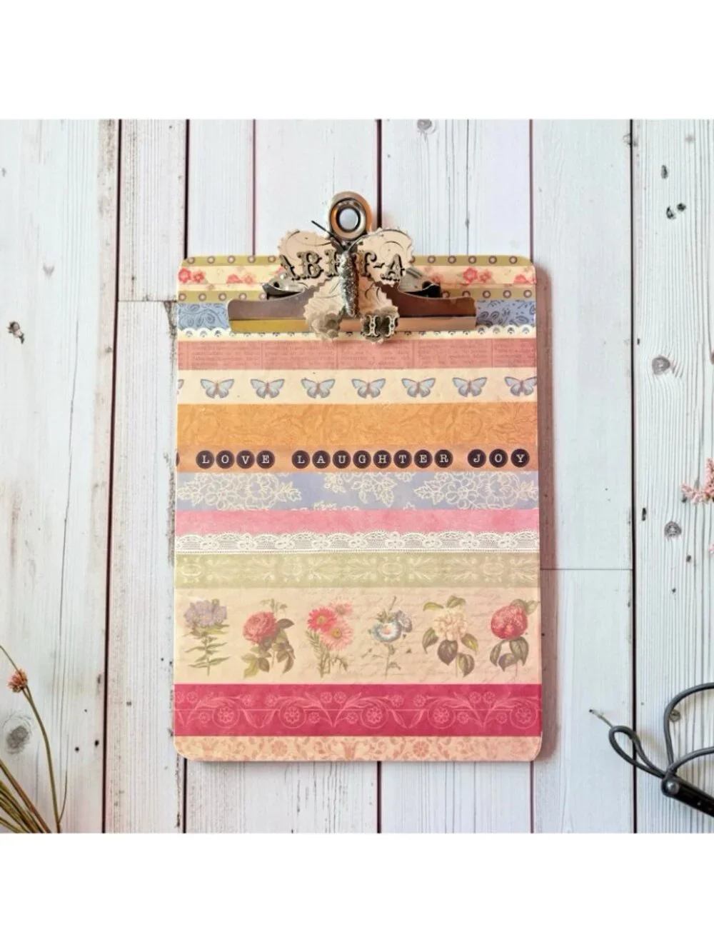 Handcrafted CLIPBOARD Upcycled Decopage Butterfly LOVE LAUGHER JOY 12 x 9
